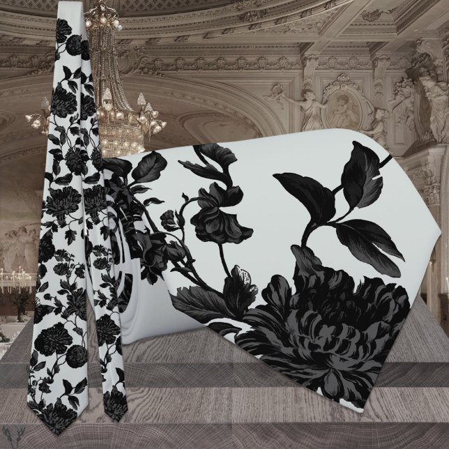 Silver Sage Green & Black Floral Wedding Neck Tie (Creator Uploaded)