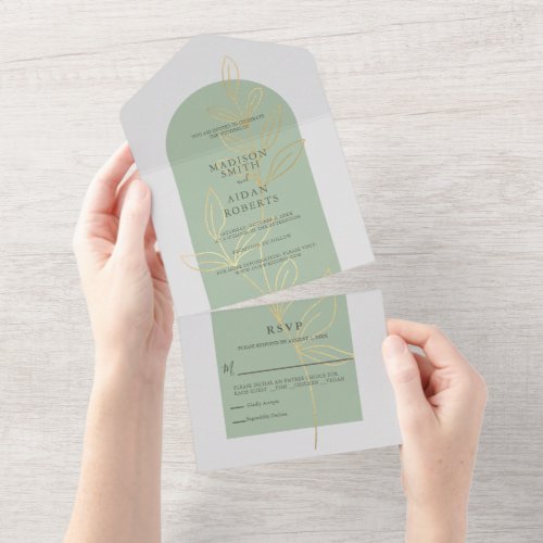 Silver Sage Green Gold Floral Wedding All In One Invitation