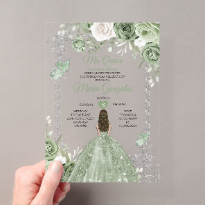 Silver Sage Green Mis Quince 15 Anos Butterfly Acrylic Invitations