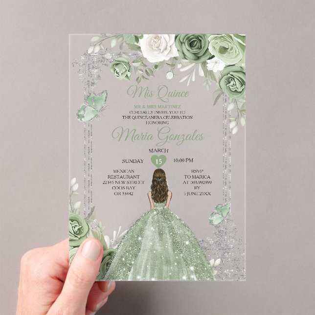 Silver Sage Green Mis Quince 15 Anos Butterfly Acrylic Invitations (Insitu (Handheld))