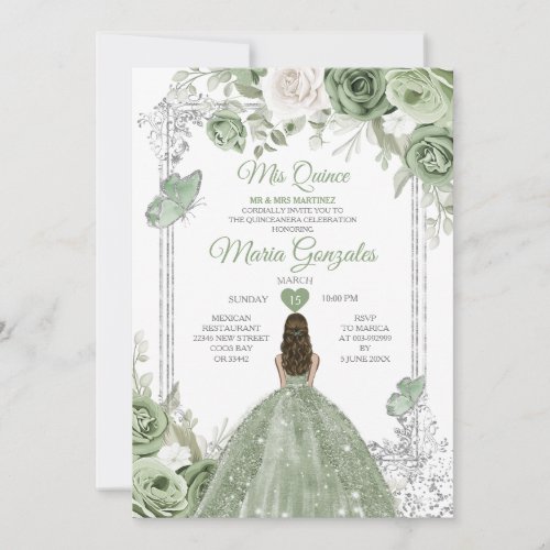 Silver Sage Green Mis Quince 15 Anos Butterfly Invitation