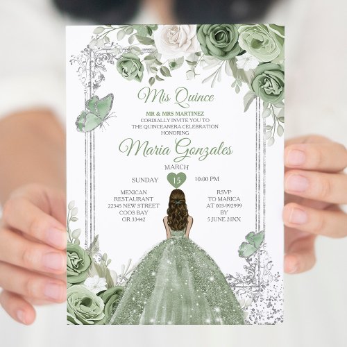 Silver Sage Green Mis Quince 15 Anos Butterfly Invitation