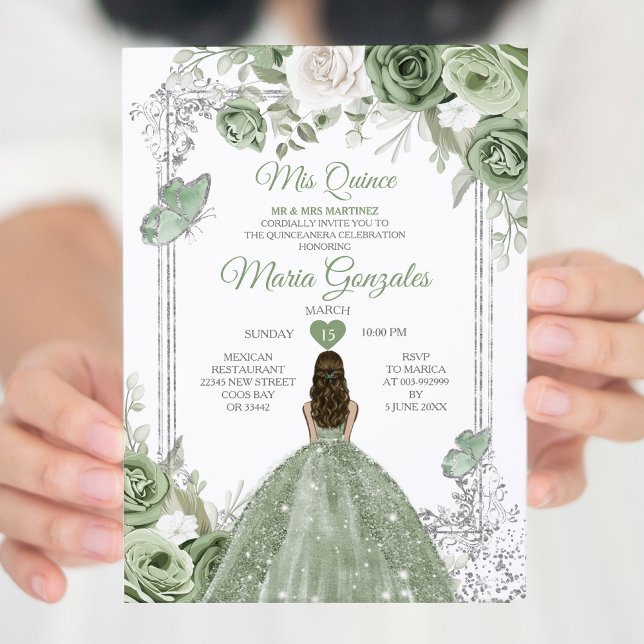 Silver Sage Green Mis Quince 15 Anos Butterfly Invitation (Creator Uploaded)