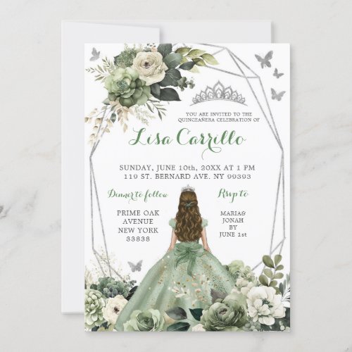 Silver Sage Green Princess Butterfly Quinceaera Invitation