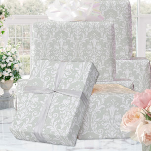 Silver Sage Green White Damask Elegant Wedding Wrapping Paper