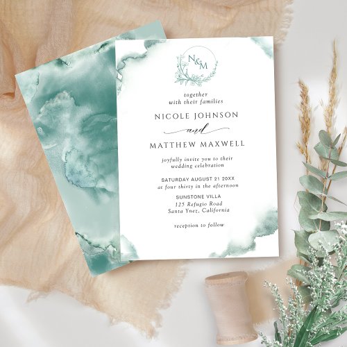 Silver Sage Watercolor Elegant Monogram Wedding Invitation