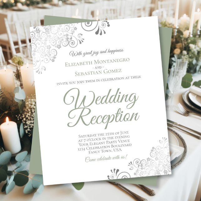Silver Sage White BUDGET Wedding Reception Invite (Front/Back)