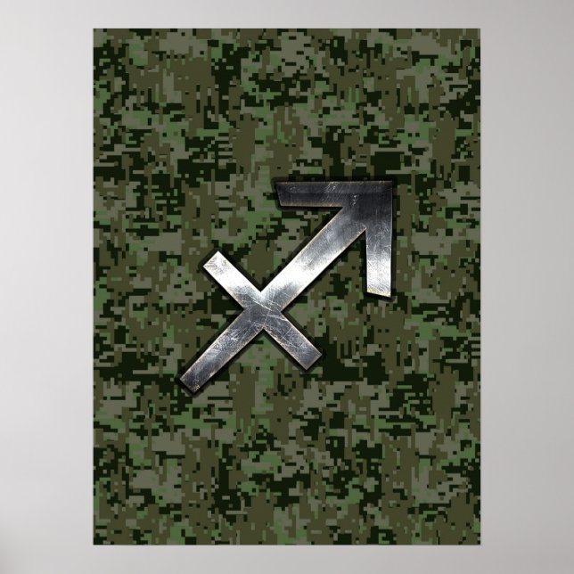 Silver Sagittarius Sign on Woodland Digital Camo (Front)