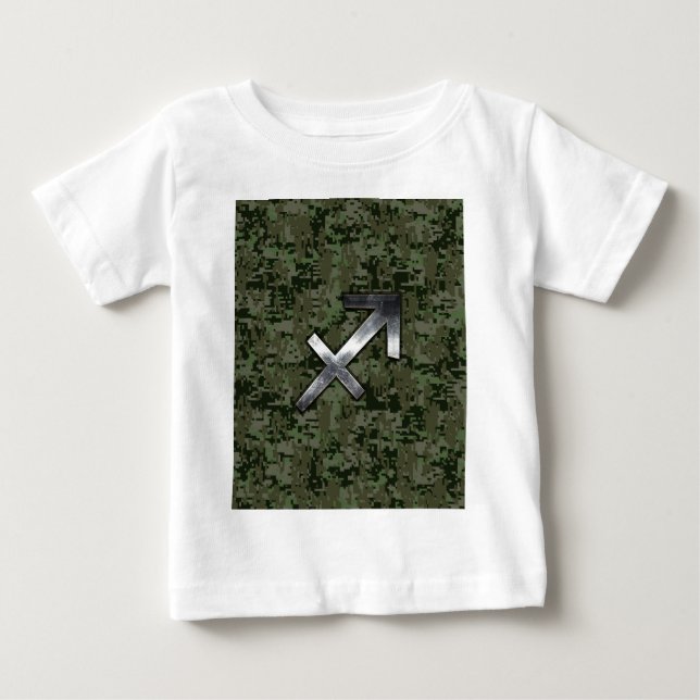 Silver Sagittarius Sign on Woodland Digital Camo Baby T-Shirt (Front)