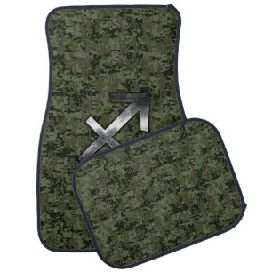 Silver Sagittarius Sign on Woodland Digital Camo Car Floor Mat