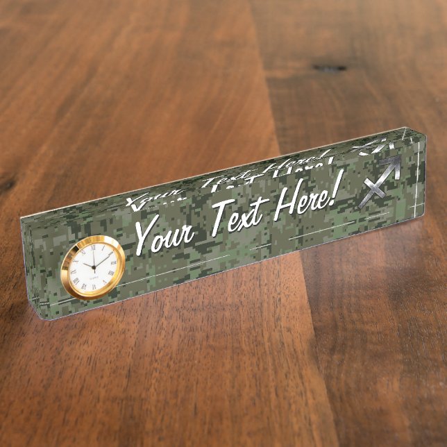 Silver Sagittarius Sign on Woodland Digital Camo Desk Name Plate (Side)