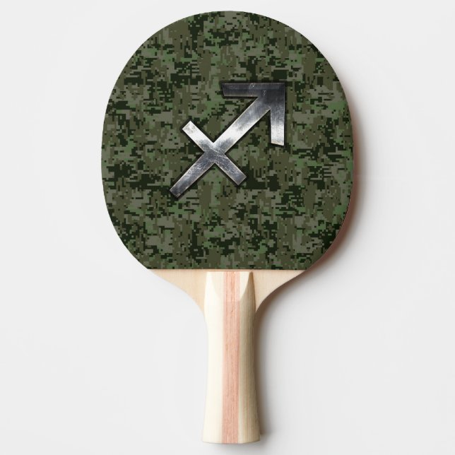 Silver Sagittarius Sign on Woodland Digital Camo Ping-Pong Paddle (Front)