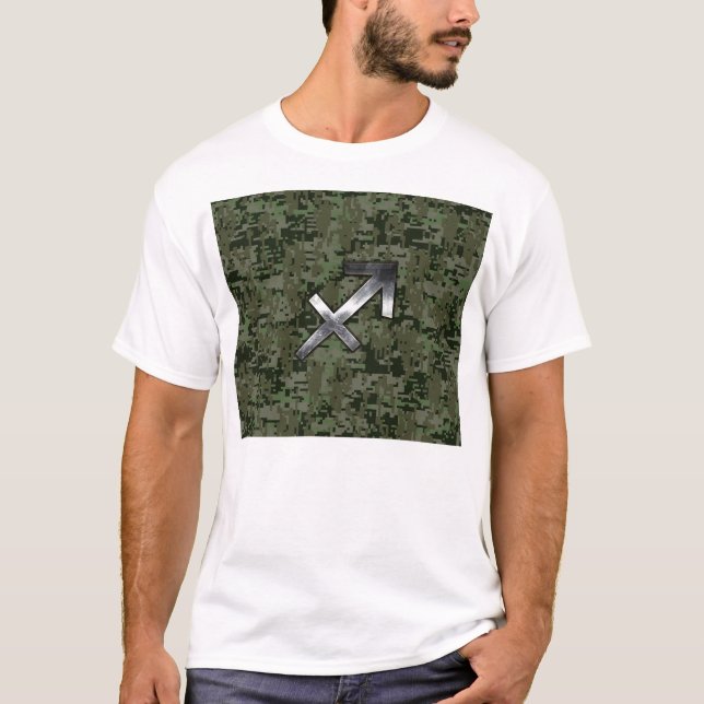 Silver Sagittarius Sign on Woodland Digital Camo T-Shirt (Front)