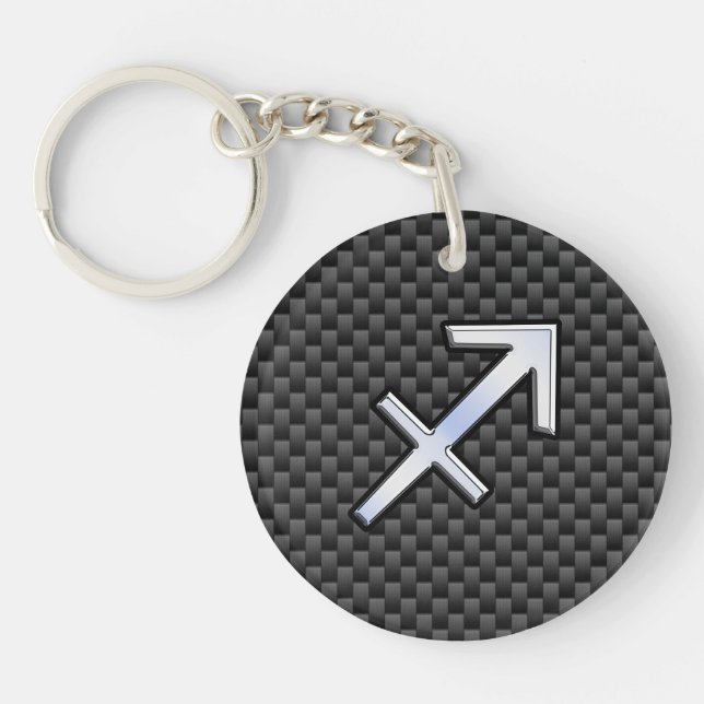 Silver Sagittarius Zodiac Sign Carbon Fiber Print Keychain (Front)