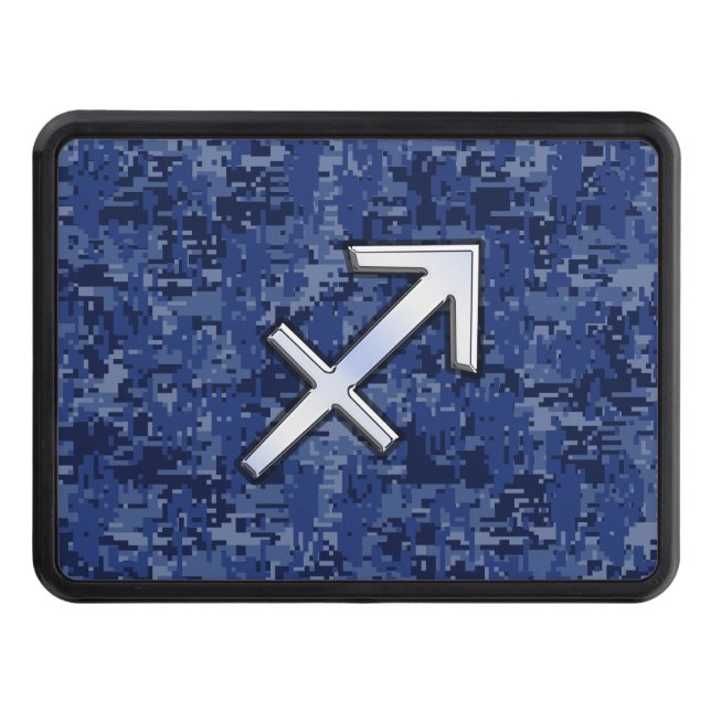 Silver Sagittarius Zodiac Sign Navy Digital Camo Hitch Cover (Front)