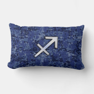 Silver Sagittarius Zodiac Sign Navy Digital Camo Lumbar Pillow