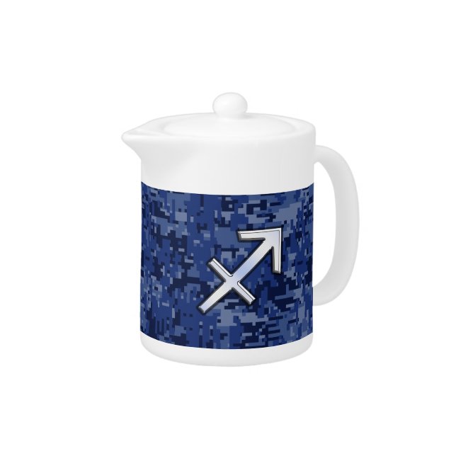 Silver Sagittarius Zodiac Sign Navy Digital Camo Teapot (Right)