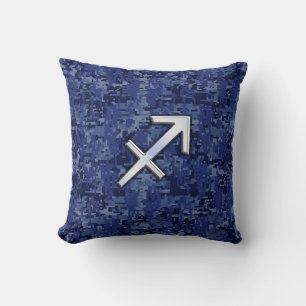 Silver Sagittarius Zodiac Sign Navy Digital Camo Throw Pillow