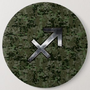 Silver Sagittarius Zodiac Woodland Digital Camo Button