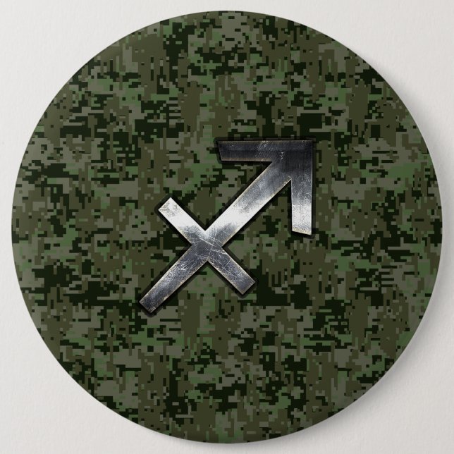 Silver Sagittarius Zodiac Woodland Digital Camo Button (Front)