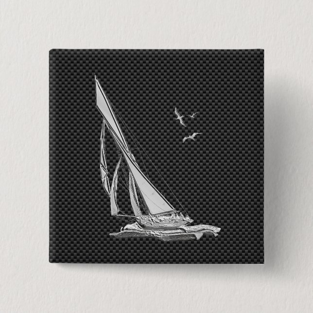 Silver Sailboat on Carbon Fiber Decor Button (Front)