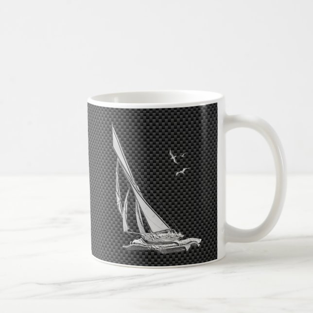 Silver Sailboat on Carbon Fiber Decor Coffee Mug (Right)