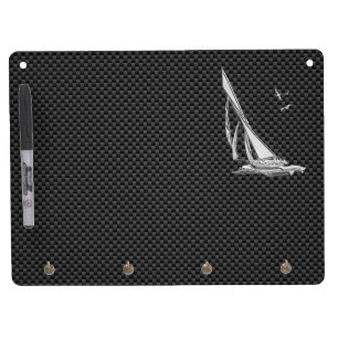 Silver Sailboat on Carbon Fiber Decor Dry Erase Board With Keychain Holder