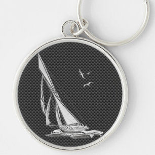 Silver Sailboat on Carbon Fiber Decor Keychain