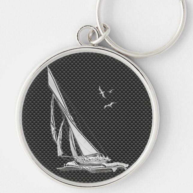 Silver Sailboat on Carbon Fiber Decor Keychain (Front)