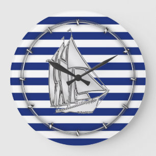 Silver Sailboat on Nautical Blue Stripes Large Clock