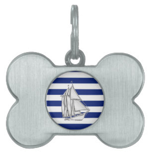 Silver Sailboat on Nautical Blue Stripes Pet Name Tag