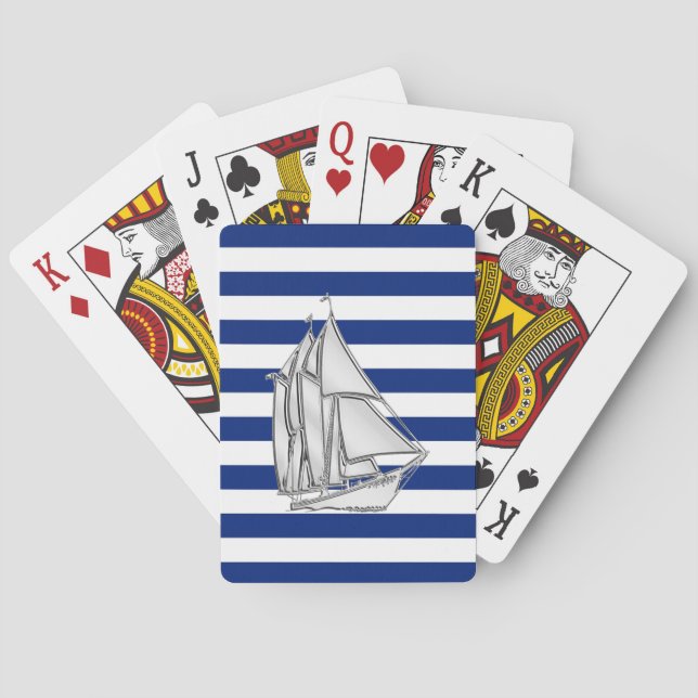 Silver Sailboat on Nautical Blue Stripes Poker Cards (Back)