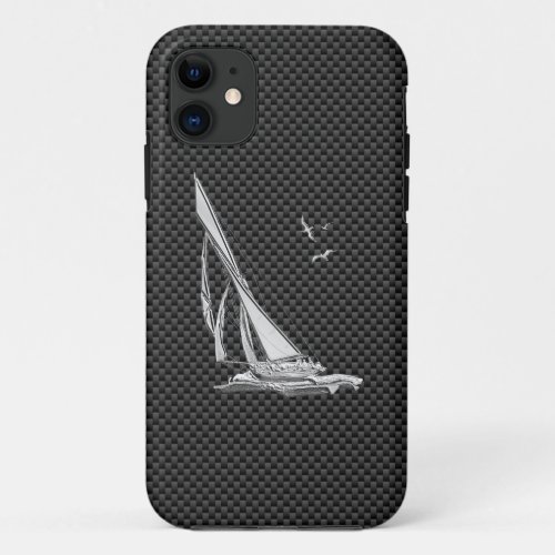 Silver Sailboat Regatta on Carbon Fiber iPhone 11 Case