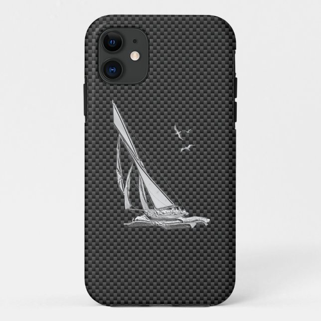 Silver Sailboat Regatta on Carbon Fiber Case-Mate iPhone Case (Back)