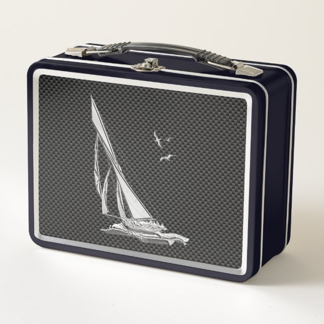 Silver Sailboat Regatta on Carbon Fiber Metal Lunch Box (Front)