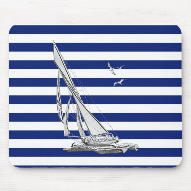 Silver Sailing on Nautical Stripes Mouse Pad (Front)