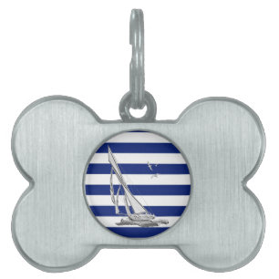 Silver Sailing on Nautical Stripes Pet Name Tag