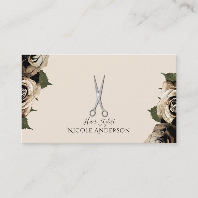 Silver Salon Hair Stylist Scissors Glam Gold Roses Business Card (Front)