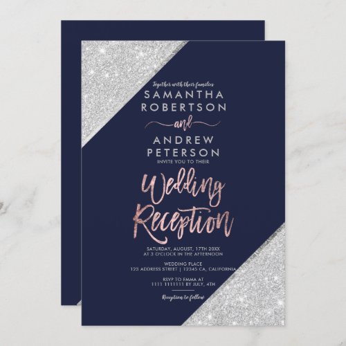 Silver sangria glitter typography navy wedding 2 invitation