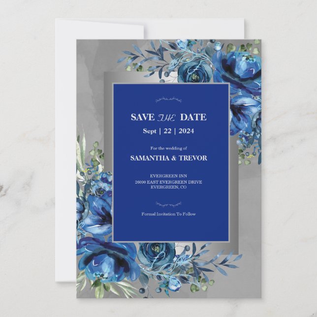 Silver & Sapphire: Save the Date Announcment Invitation (Front)