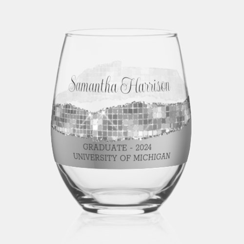 Silver Satin and Glitter College Graduation  Stemless Wine Glass