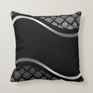 Silver Satin Damask black swirl Throw Pillow