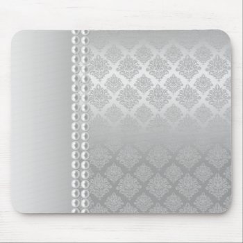 Silver Satin Damask White Pearls Fabric Padfolio Mouse Pad by SterlingMoon at Zazzle