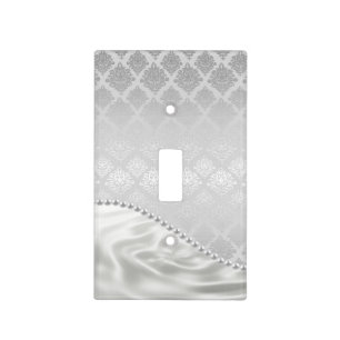 Silver Satin Damask White Pearls Fabric Plush Light Switch Cover