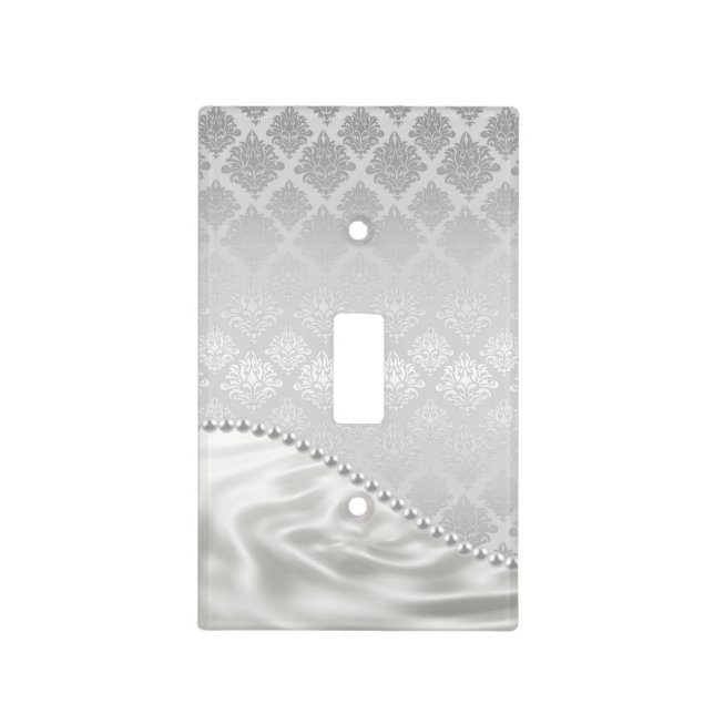 Silver Satin Damask White Pearls Fabric Plush Light Switch Cover (Front)