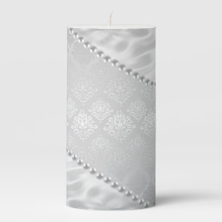 Silver Satin Damask White Pearls Fabric Plush Pillar Candle