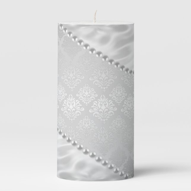 Silver Satin Damask White Pearls Fabric Plush Pillar Candle (Front)
