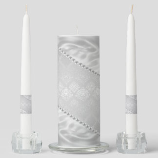 Silver Satin Damask White Pearls Plush Wedding Unity Candle Set