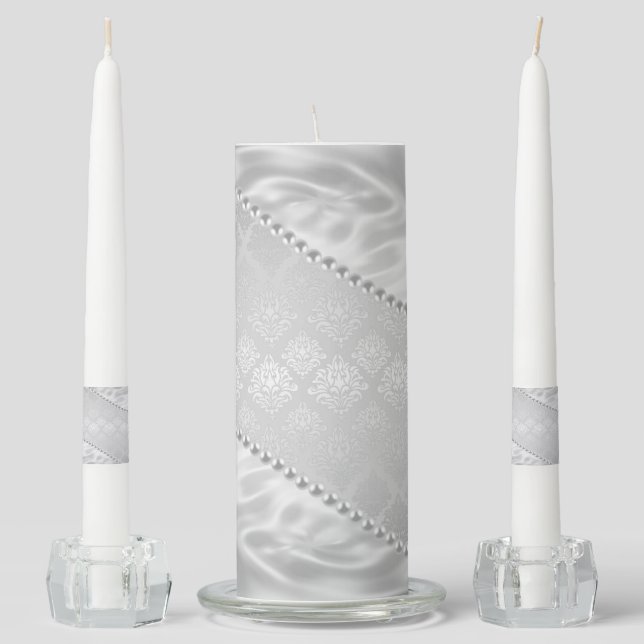 Silver Satin Damask White Pearls Plush Wedding Unity Candle Set (Front)
