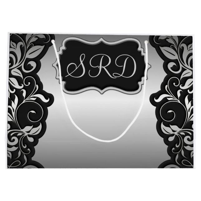 Silver Satin Flourish black & gray personalize Large Gift Bag (Back)
